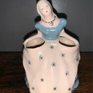 Vintage California Pottery Lady Planter Blue Floral Dress Figurine Retro Decor